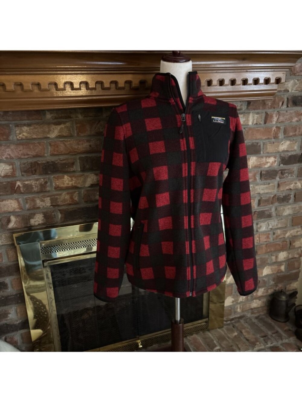 Ladies Ll Bean Red Plaid Fleece Jacket Size Medium Excellent